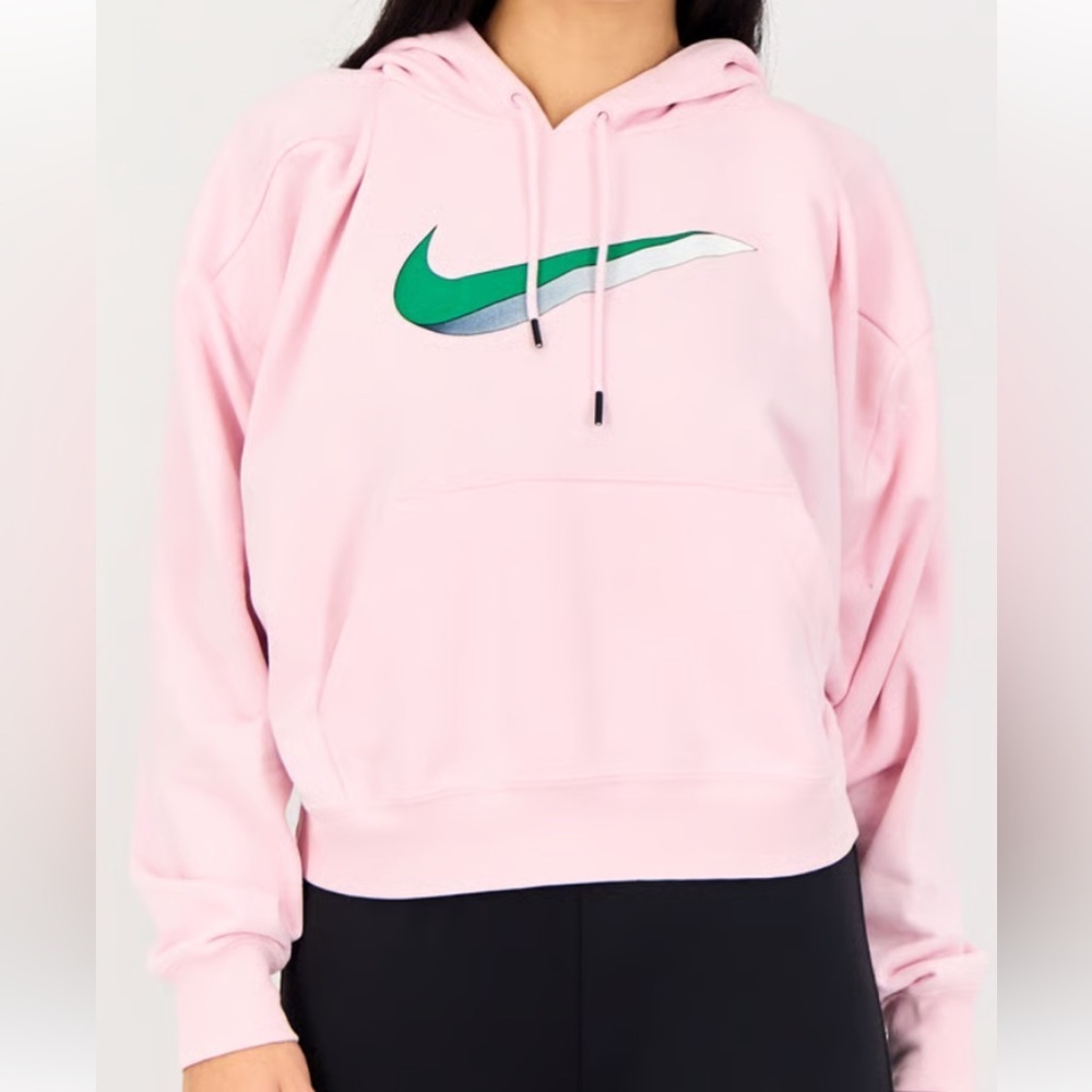 Oversized Nike Cropped Light Pink Hoodie with Green Logo size S
